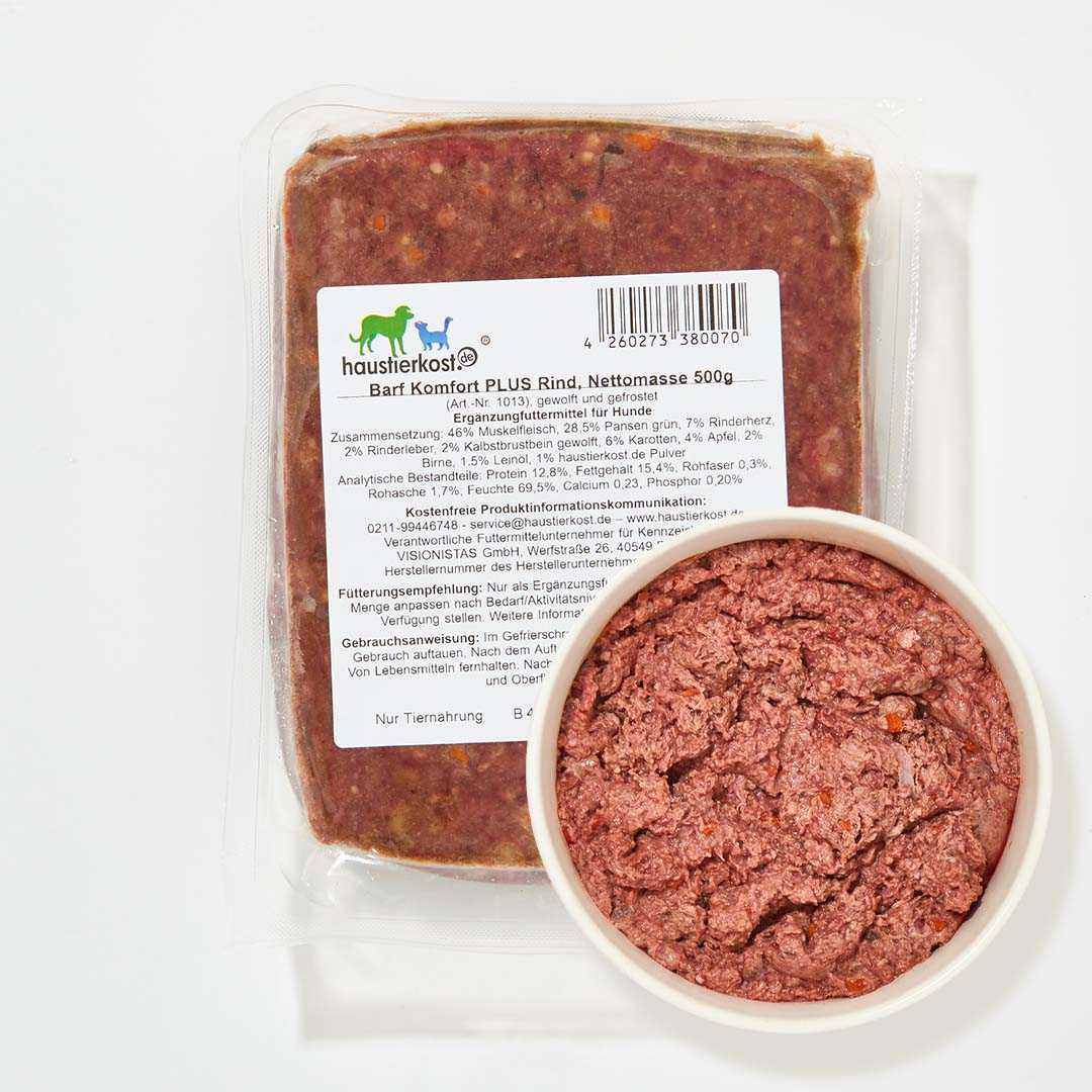 BIO BARF Komfort PLUS Rindfutter, 500g Packung in 2 x 250g Portionen, mit BIO-Zutaten wie Rindfleisch, Pansen, Karotten und Leinöl.