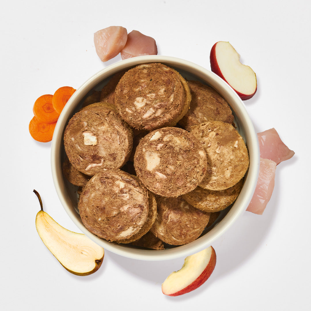 Gefriergetrocknete BARF2GO Komfort Plus Huhn Taler Hundesnacks mit Obst und Gemüse in weißer Schale