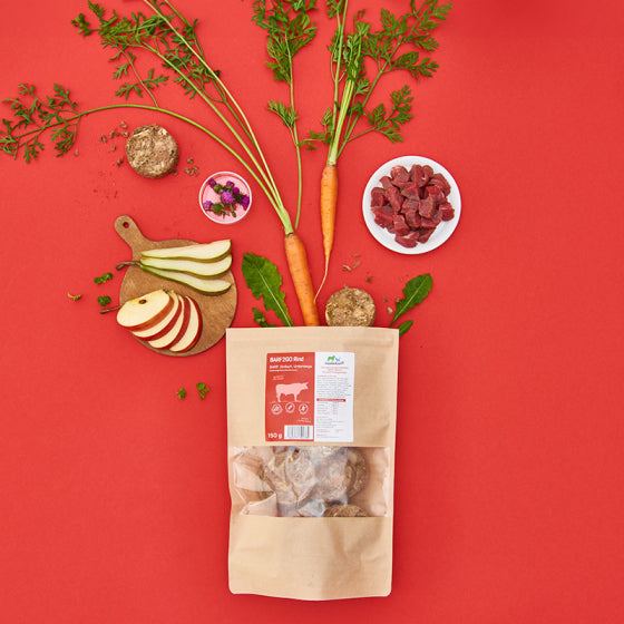BARF2GO Komfort Plus Taler Kennenlernpaket, 3 Sorten, gefriergetrocknet, Hundesnacks, roter Hintergrund