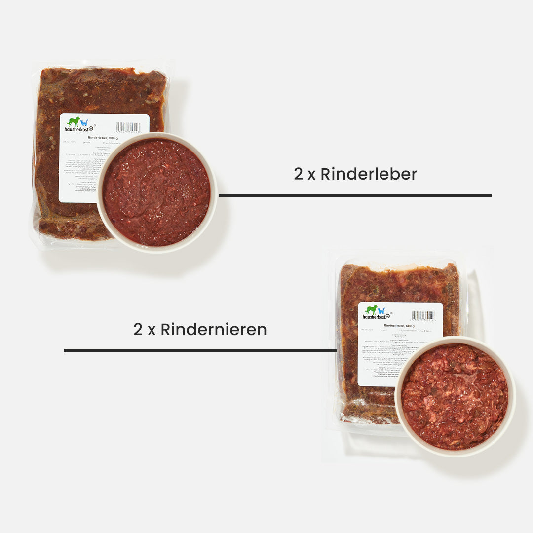 Paket Katze ausgewachsen mit 2 Packungen Rinderleber und 2 Packungen Rindernieren, jeweils vakuumverpackt und portioniert.