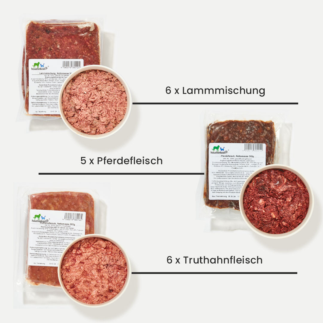 Paket Hund Allergie mit 15 kg gemischtem rohem BARF-Fleisch, inklusive Lamm, Pferd und Truthahn, für allergische Hunde.