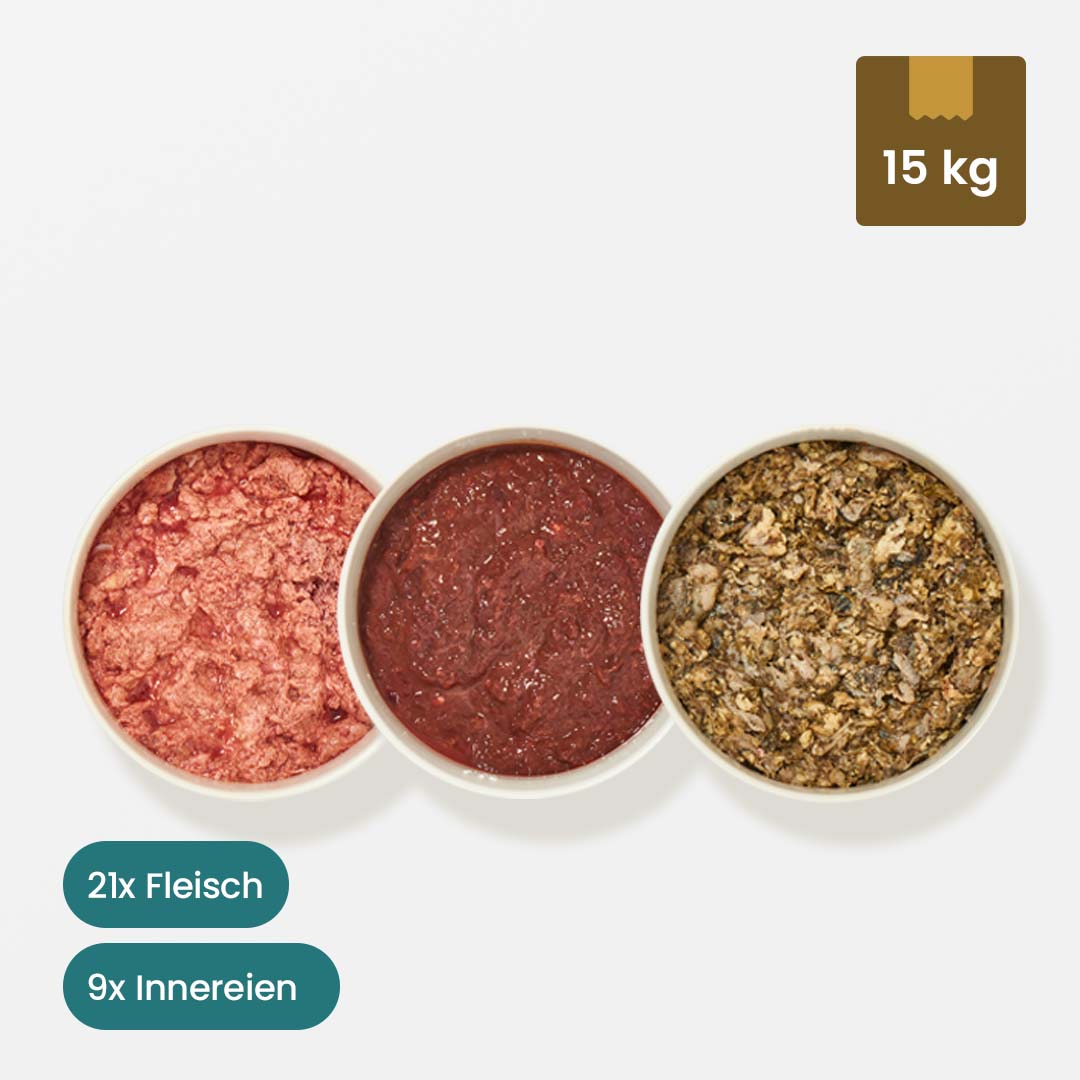 Paket Hund Aktiv mit 15 kg Fleisch und Innereien, verschiedene Sorten in Schalen.