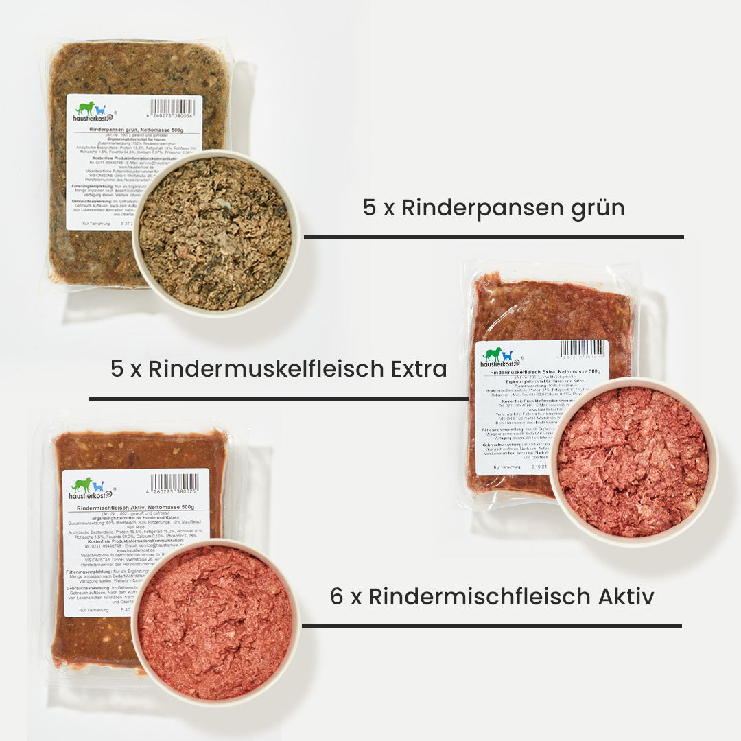 Paket Hund Aktiv 15 kg mit Rindermischfleisch, Rinderpansen, Muskelfleisch und mehr für aktive Hunde.