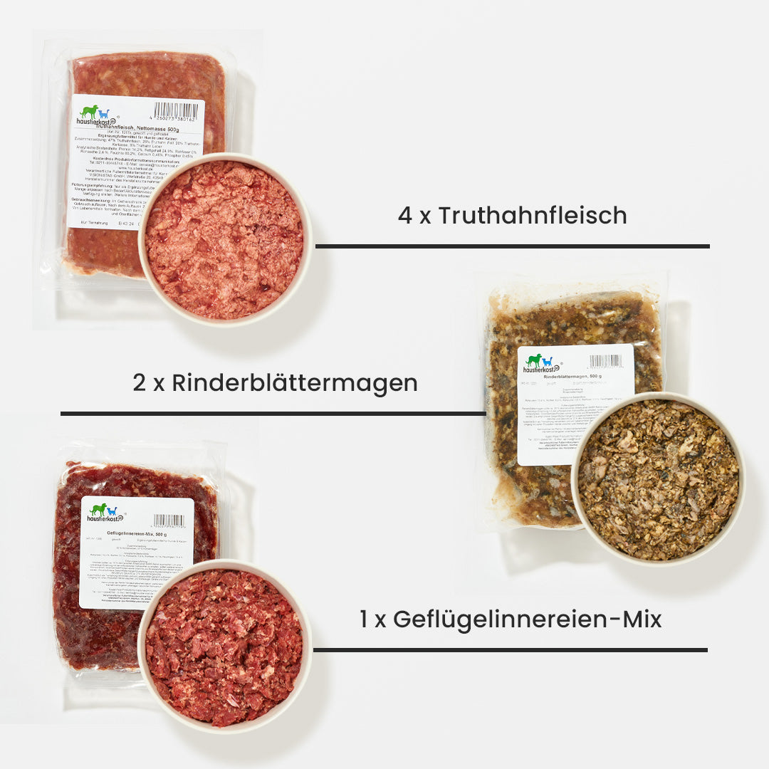 Paket Hund Übergewicht mit 4x Truthahnfleisch, 2x Rinderblättermagen und 1x Geflügelinnereien-Mix in 500g Portionen