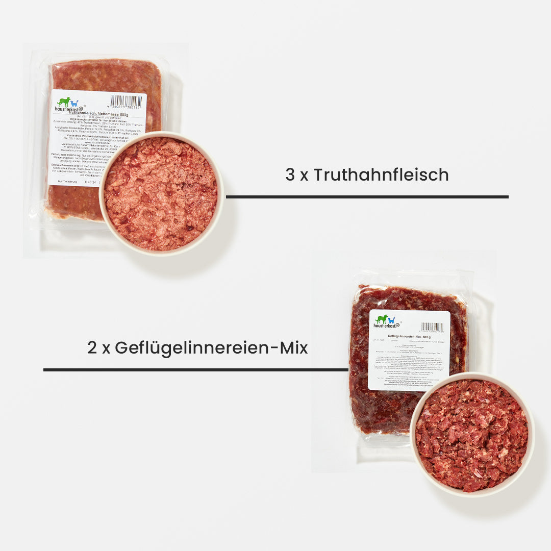 Packung mit 3 Päckchen Truthahnfleisch und 2 Päckchen Geflügelinnereien-Mix für Welpenfutter, je 500 g, Teil eines 15 kg Welpenfutterpakets