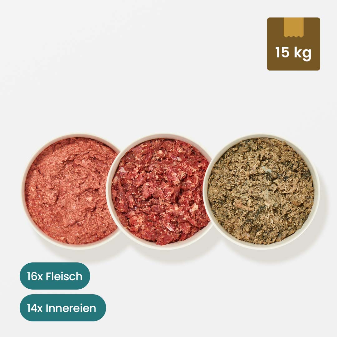 Paket Hund Ausgewachsen, 15 kg, mit verschiedenen Fleisch- und Innereien-Mischungen.