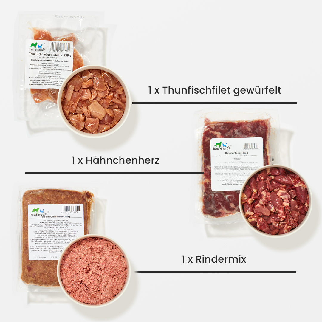 Paket Katze Kitten 15 kg mit Thunfischfilet gewürfelt, Hähnchenherz und Rindermix in Portionspackungen