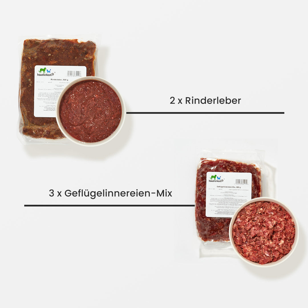 Schlemmer Paket Katze mit 2x Rinderleber und 3x Geflügelinnereien-Mix in Portionspackungen