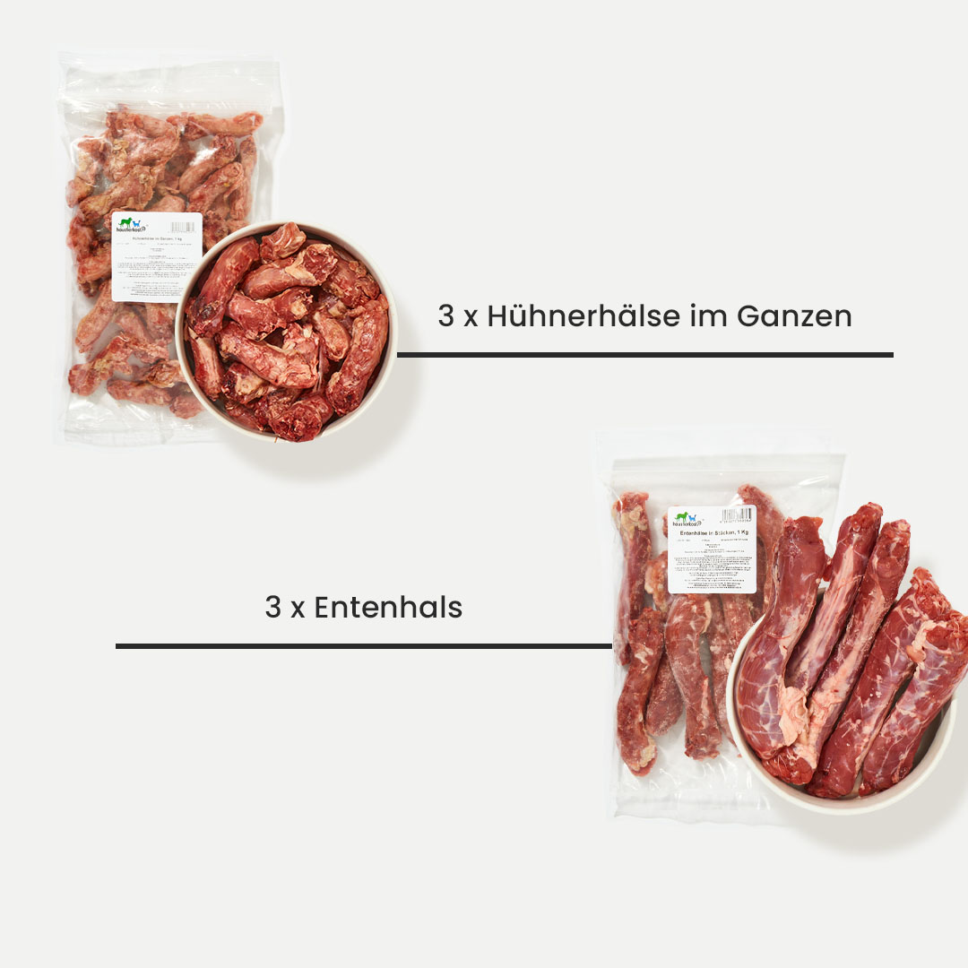 Geflügel Paket Hund mit Hühnerhälse und Entenhälse in Portionsbeuteln