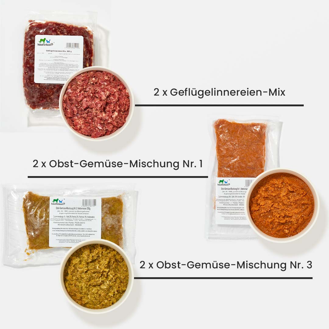 Welpen Starterset mit Geflügelinnereien-Mix und verschiedenen Obst-Gemüse-Mischungen für hochwertige Welpennahrung