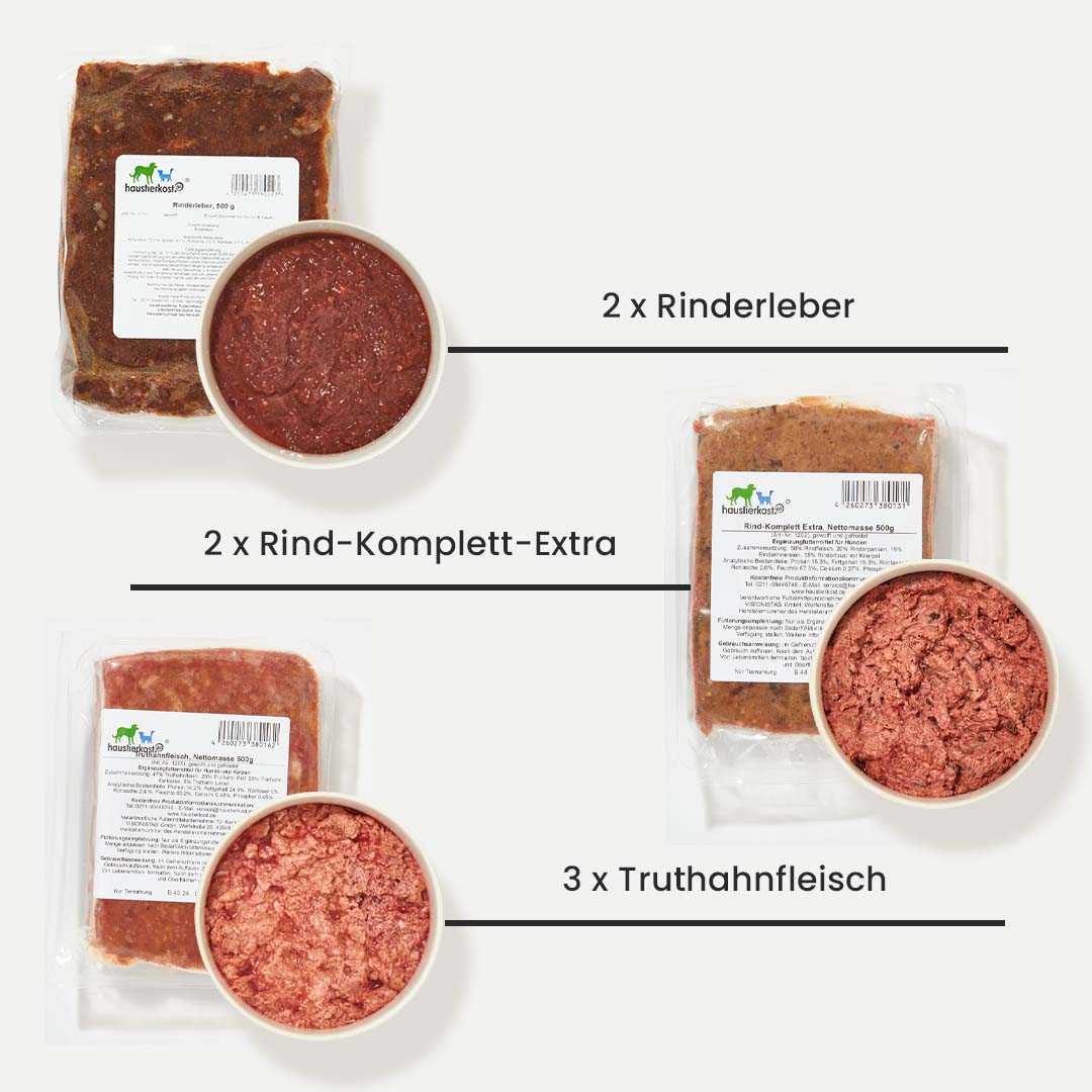 Welpen Starterset mit Rinderleber, Rind-Komplett-Extra und Truthahnfleisch für hochwertige Welpennahrung