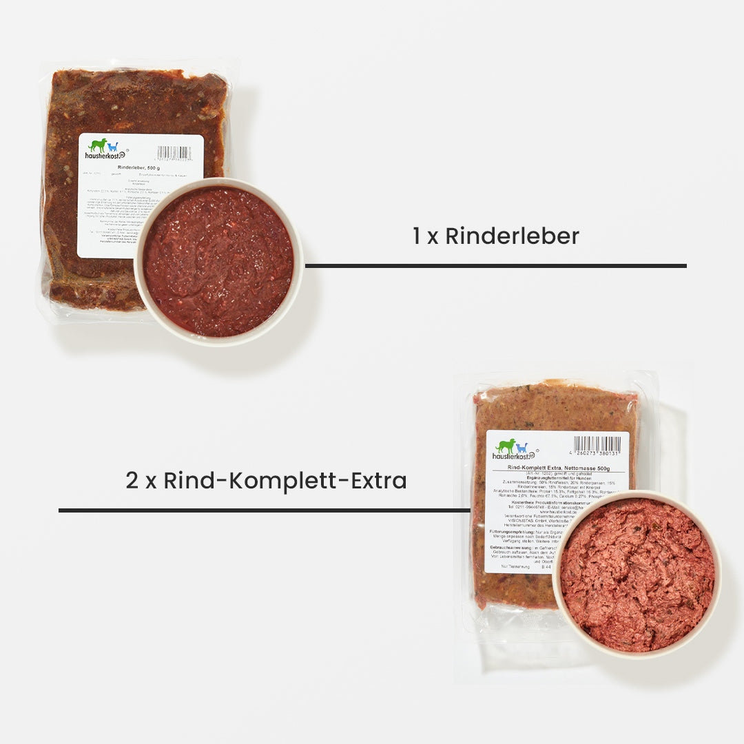 Gefrorene Hundefutterpakete mit Rinderleber und Rind-Komplett Extra in Portionsverpackungen für Welpen, 9 kg Gesamtinhalt
