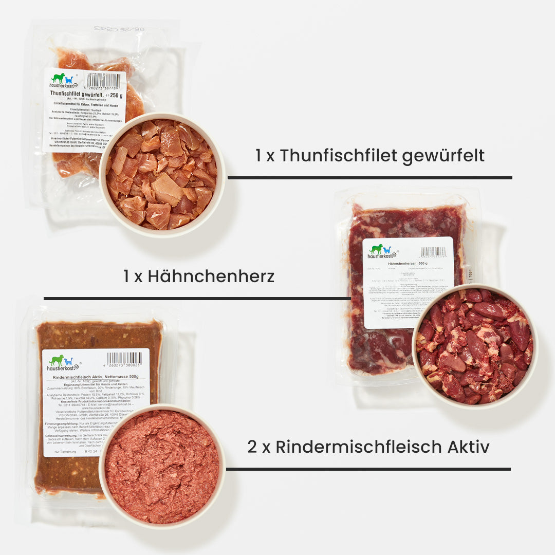 Paket Katze Senior 9 kg mit Thunfischfilet, Hähnchenherz und Rindermischfleisch Aktiv in Einzelverpackungen