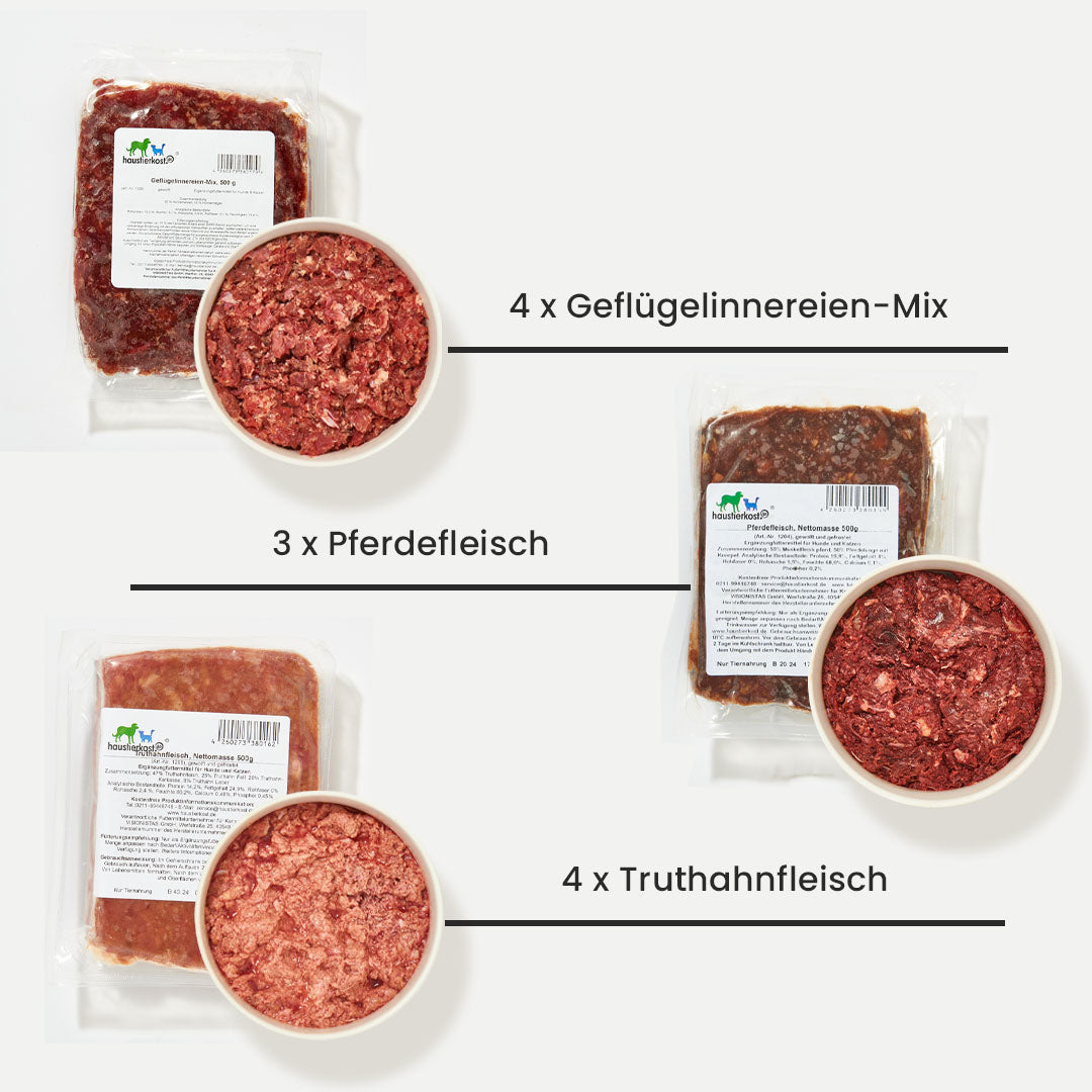 Katze Allergie Paket 9 kg mit Pferdefleisch, Wildfleischmischung, Truthahnfleisch, Geflügelinnereien-Mix und Rentierfleisch in je 500 g Päckchen