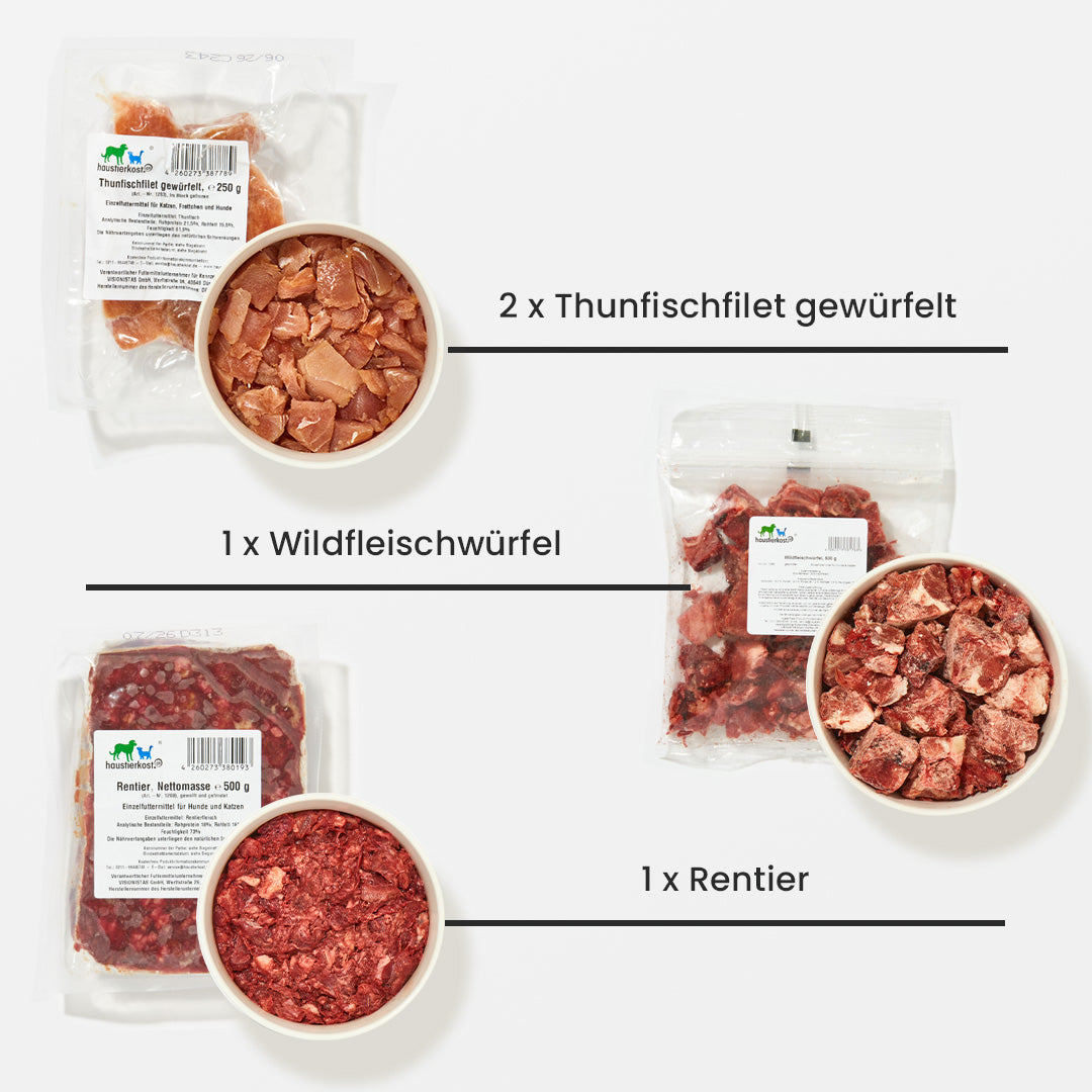 Paket Katze Übergewicht mit 2x Thunfischfilet gewürfelt, 1x Wildfleischwürfel und 1x Rentier in Portionspackungen