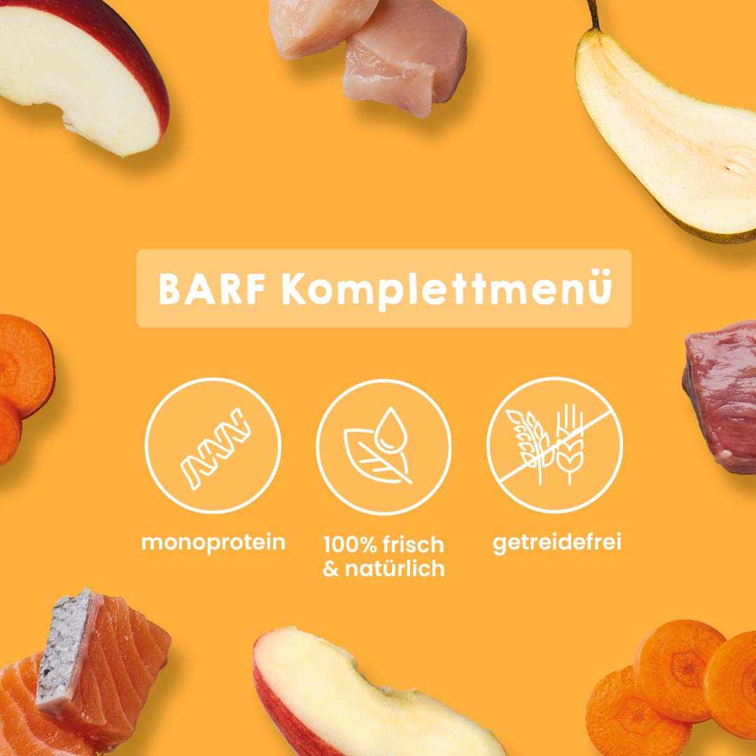 Fertigbarf Probierpaket für Hunde, 16 x 500 g, mit vielseitigen Fleischsorten und natürlichen Zutaten, getreidefrei und 100% frisch.