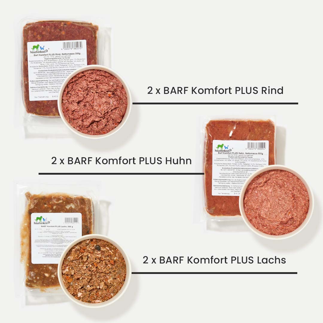 WelpenBox Menü 1 mit je 2 Paketen BARF Komfort PLUS Rind, Huhn und Lachs für ausgewogene Welpenfütterung.