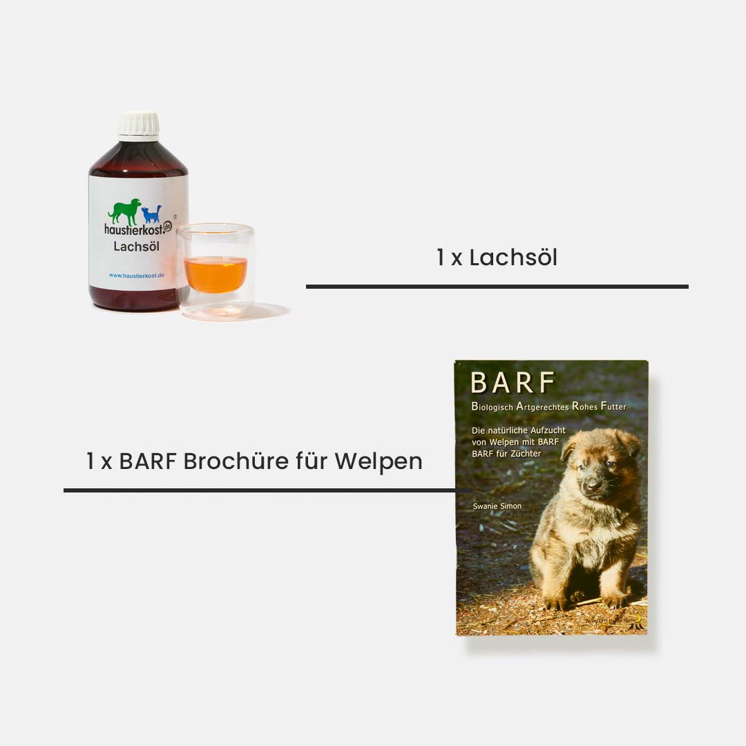 Flasche mit Lachsöl und BARF-Broschüre für Welpen als Teil der WelpenBox Menü 2