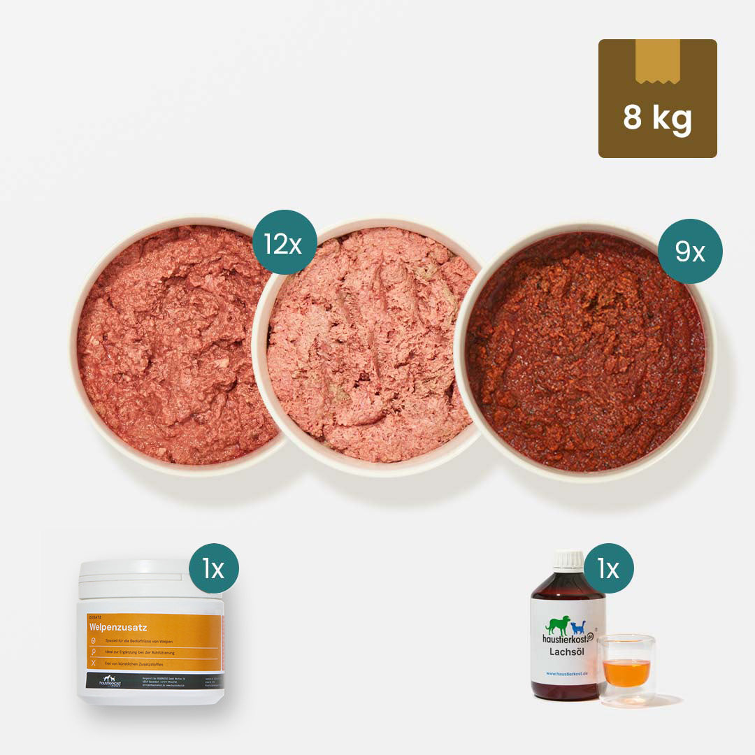 WelpenBox Menü 2 mit 8 kg Welpenfutter und Ergänzungen für natürliche Welpenaufzucht