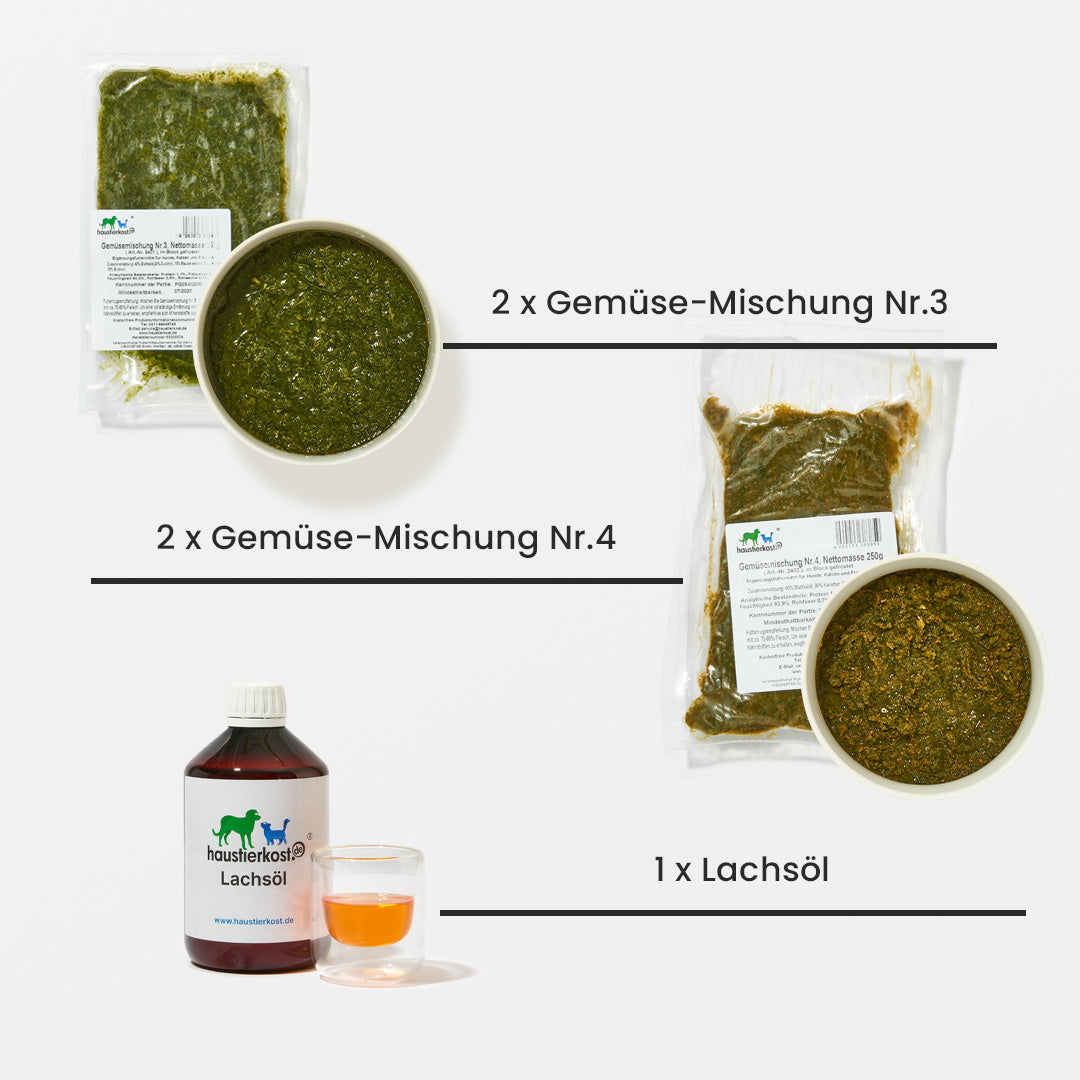 WelpenBox Menü 3 Gemüse-Mischungen Nr.3 und Nr.4 sowie Flasche mit Lachsöl für Welpen-BARF-Ernährung