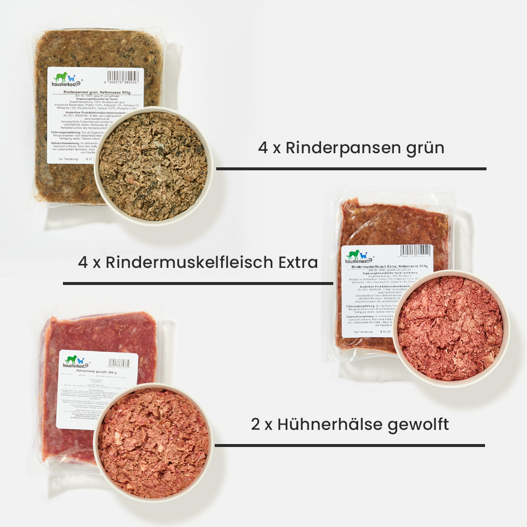 WelpenBox Menü 3 mit 4x Rinderpansen grün, 4x Rindermuskelfleisch Extra und 2x gewolften Hühnerhälsen in 500g Portionen für BARF Welpenfutter
