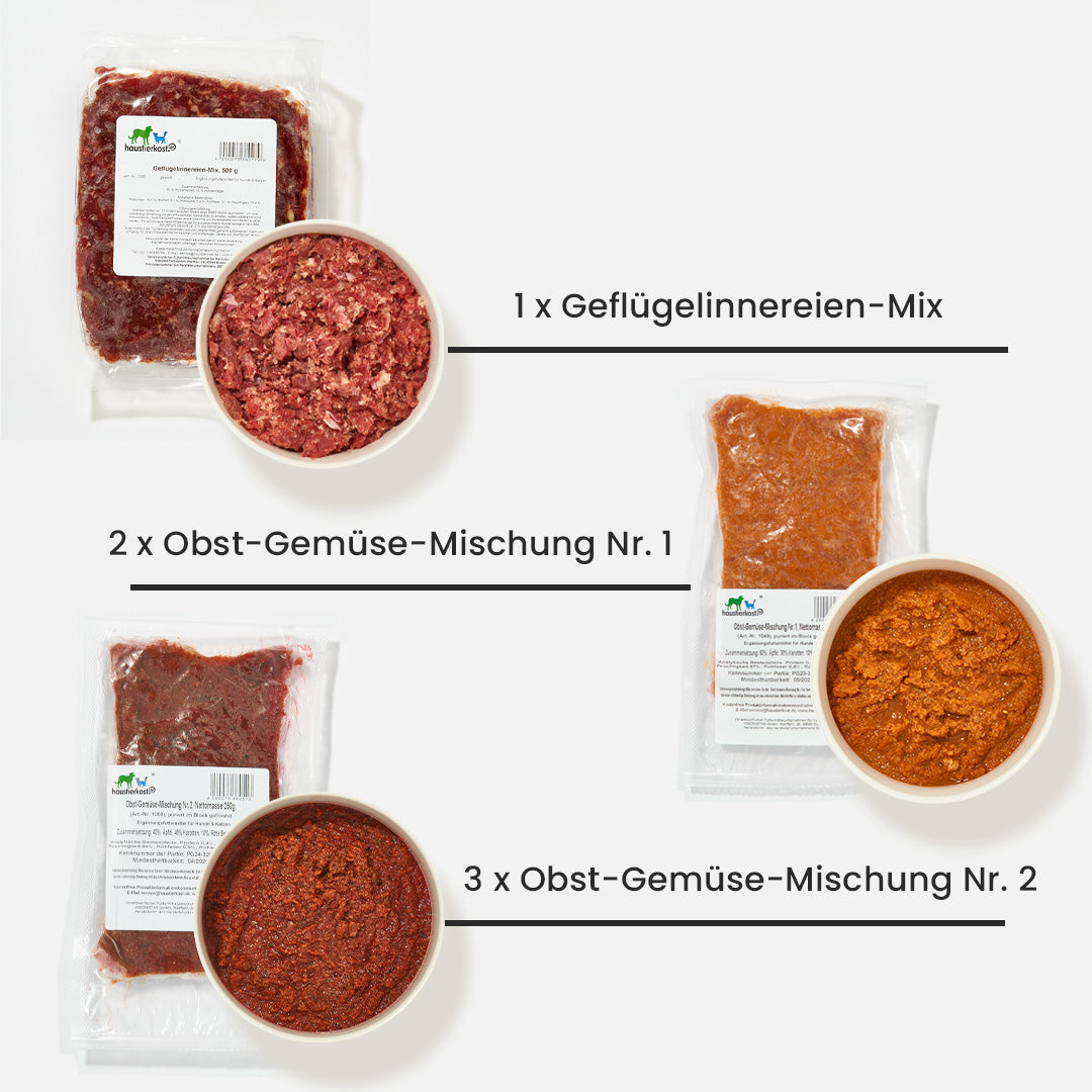 WelpenBox Menü 3 mit Geflügelinnereien-Mix, Obst-Gemüse-Mischungen Nr. 1 und Nr. 2 in Portionen für BARF Welpenfütterung