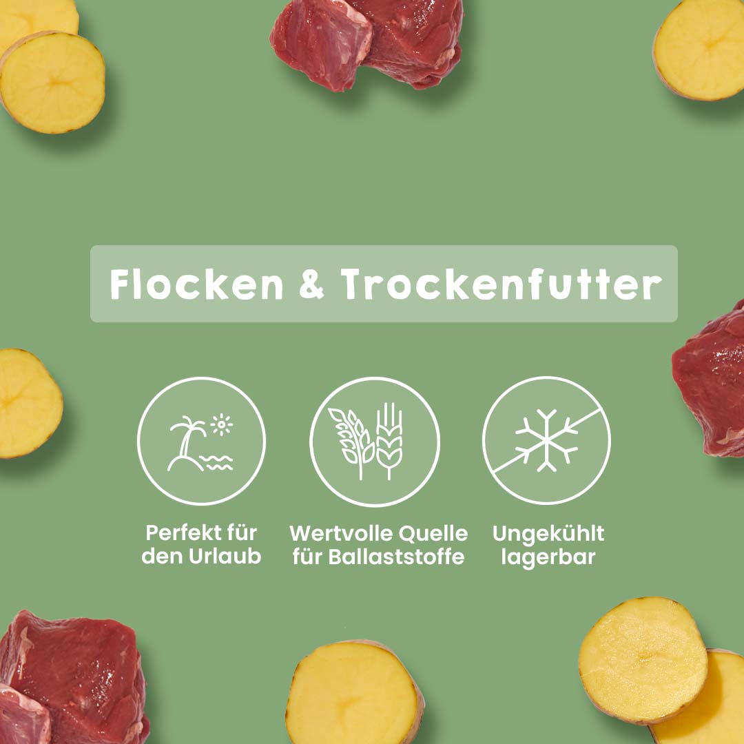 Hirsch & Kartoffel Hundefutter für empfindliche, ältere Hunde mit Omega-Fettsäuren, Biotin, Vitaminen und Probiotika, ohne Zusatzstoffe, ballaststoffreich, trockene Flockenform.