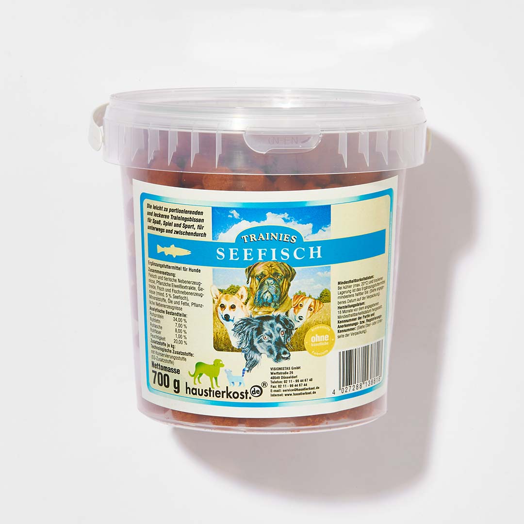 Trainies Seefisch 700 g Packung, glutenfreie und natürliche Trainingssnacks für Hunde.