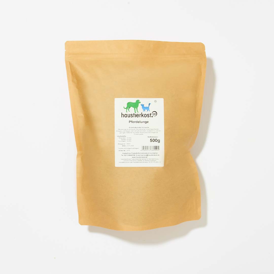 Verpackung mit getrockneter Pferdelunge, 500 g, fettarmer und proteinreicher Hundesnack.