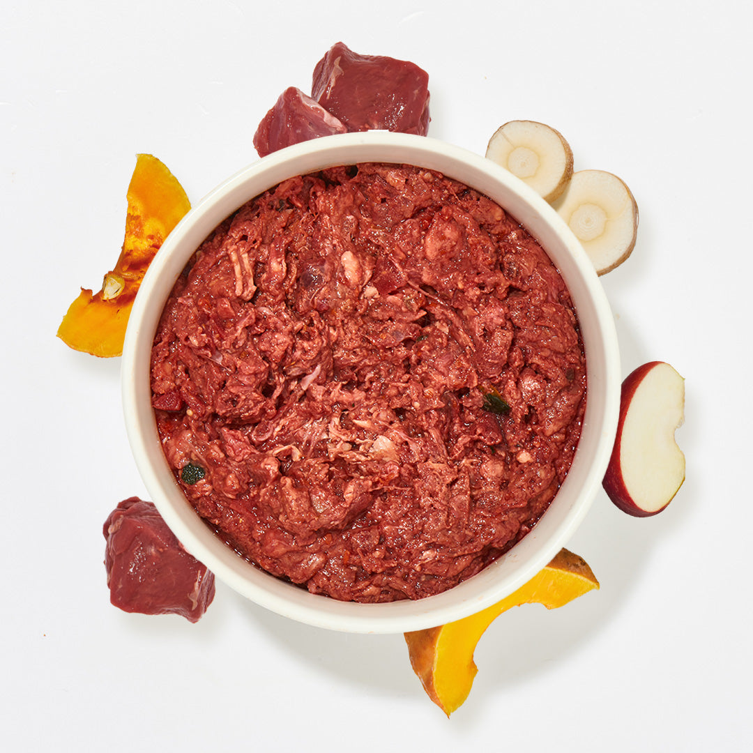 Rohes BARF Komfort PLUS Wild mit Kürbis Hundefutter, Reh- und Hirschfleisch, Kürbis, Pastinake und Apfel in weißer Schale