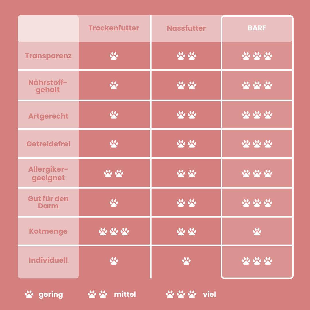 Vergleichstabelle für Hundefutterarten mit Kriterien wie Transparenz, Nährstoffgehalt und Allergiker-Eignung.