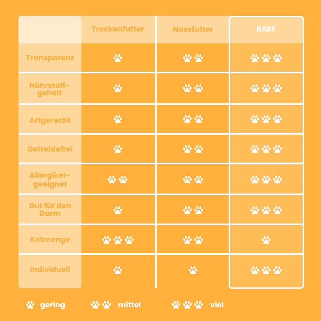 Vergleichstabelle von Trockenfutter, Nassfutter und BARF mit Bewertungskategorien wie Transparenz, Nährstoffgehalt, Artgerechtigkeit, Getreidefreiheit, Allergikereignung, Darmgesundheit, Kotmenge und Individualisierbarkeit. BARF erhält hohe Bewertungen in allen Kategorien.