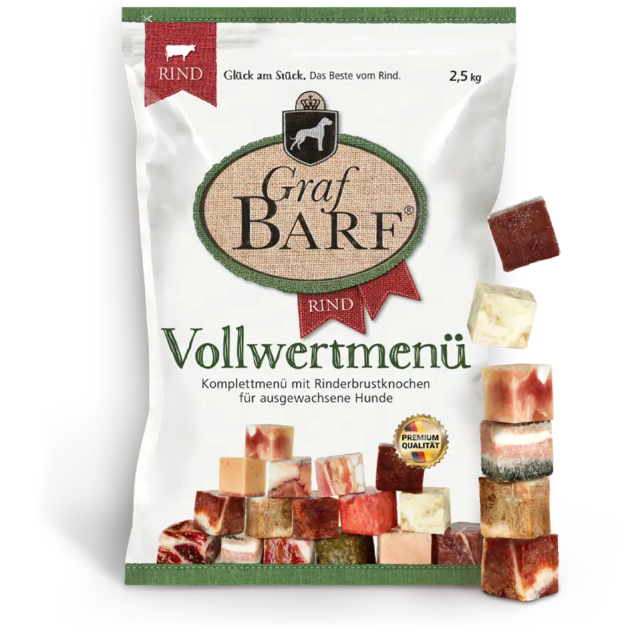 Graf Barf Vollwertmenü Rind Hundefutter mit rohem Fleisch, Innereien und Knochen für ausgewogene Ernährung