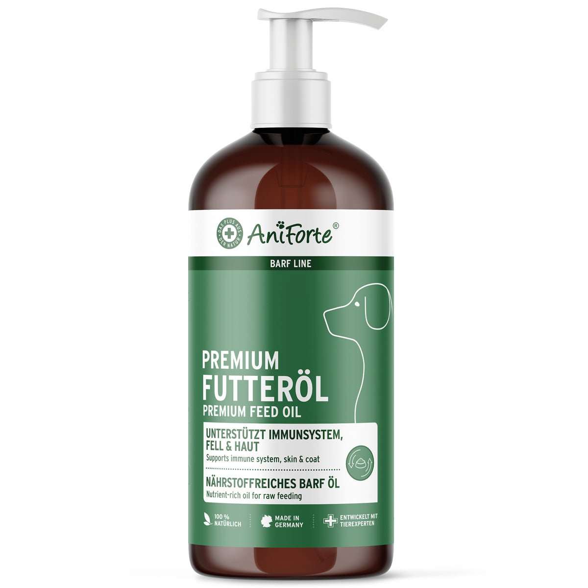 AniForte® BARF-Line Premium Futteröl, 500 ml Flasche, ergänzt Hundefutter mit essenziellen ungesättigten Fettsäuren, fördert Fell- und Hautgesundheit.