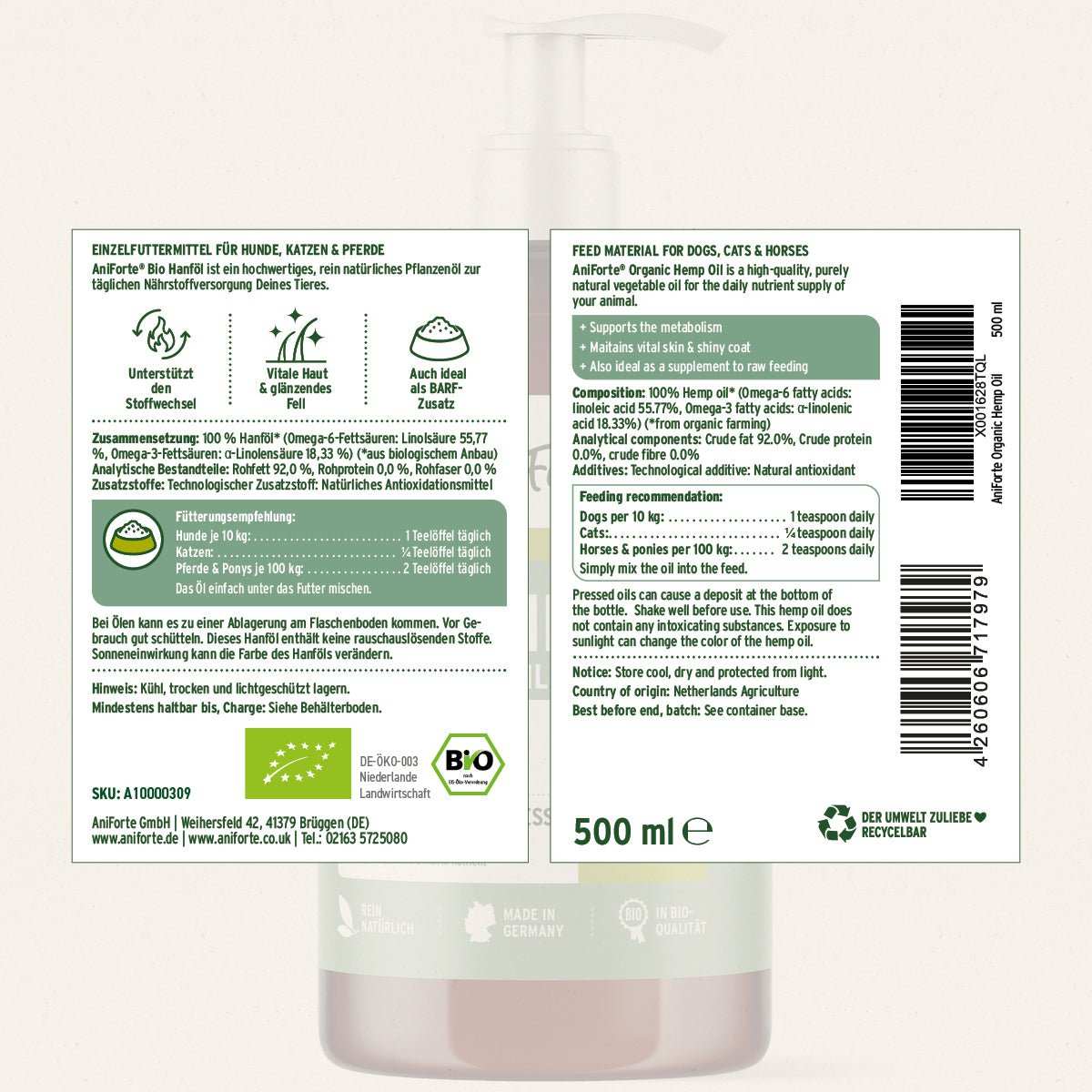 AniForte® Bio Hanföl 250 ml, schonend kaltgepresstes hochwertiges Pflanzenöl für Hunde, Katzen und Pferde zur Unterstützung von Immunsystem, Haut und Fell.