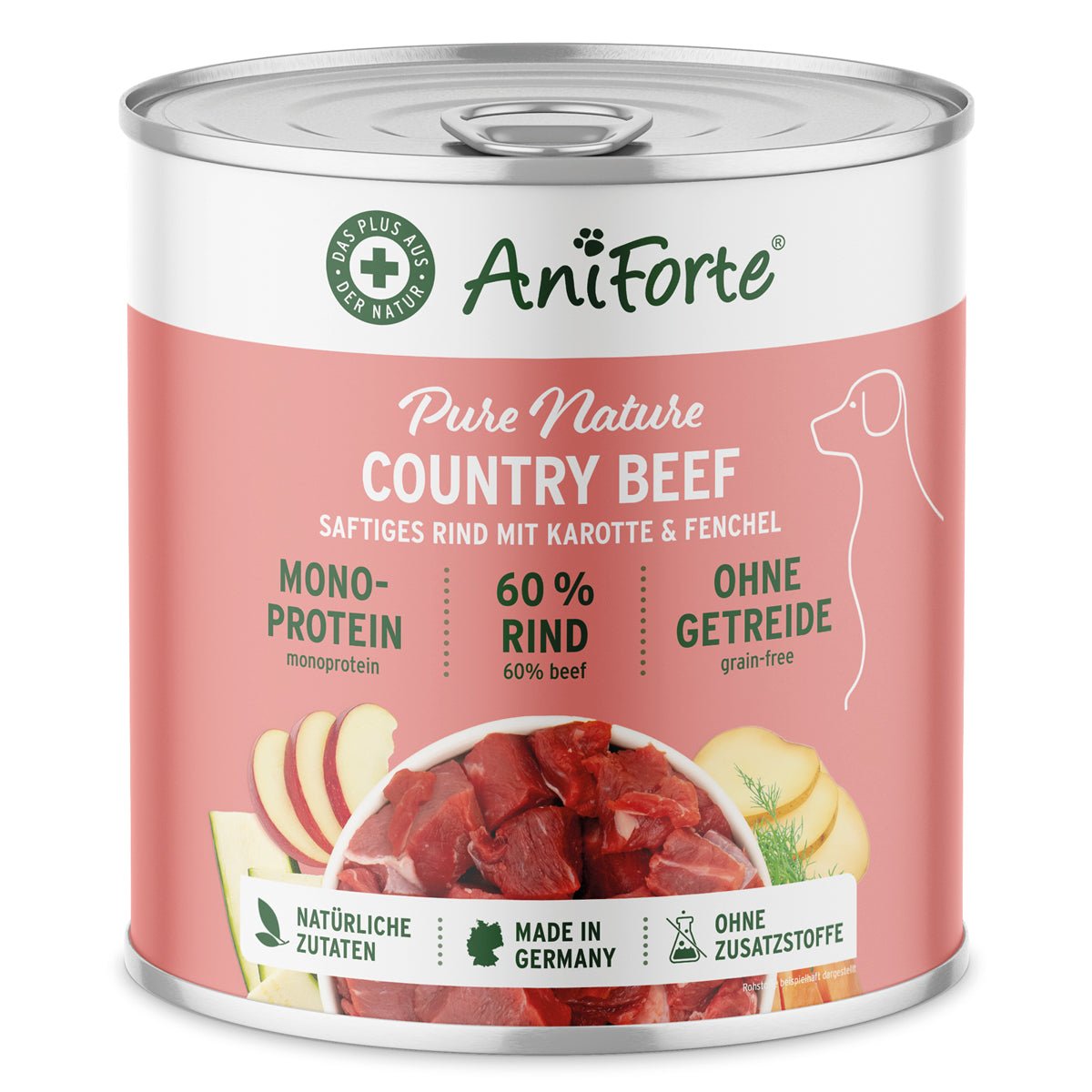AniForte PureNature Nassfutter für Hunde mit 60% Rind, Karotte und Fenchel, getreidefrei, natürliche Zutaten, made in Germany, 800 g Dose