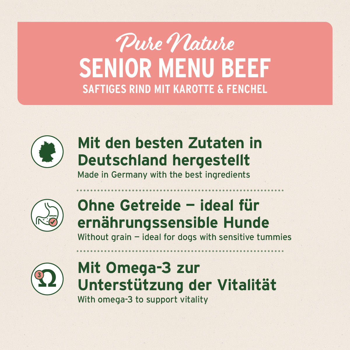 AniForte® PureNature Nassfutter Senior Rind für Hunde mit hochwertigem Rindfleisch, Karotte und Fenchel, ohne Getreide, reich an Omega-3, in Deutschland hergestellt.