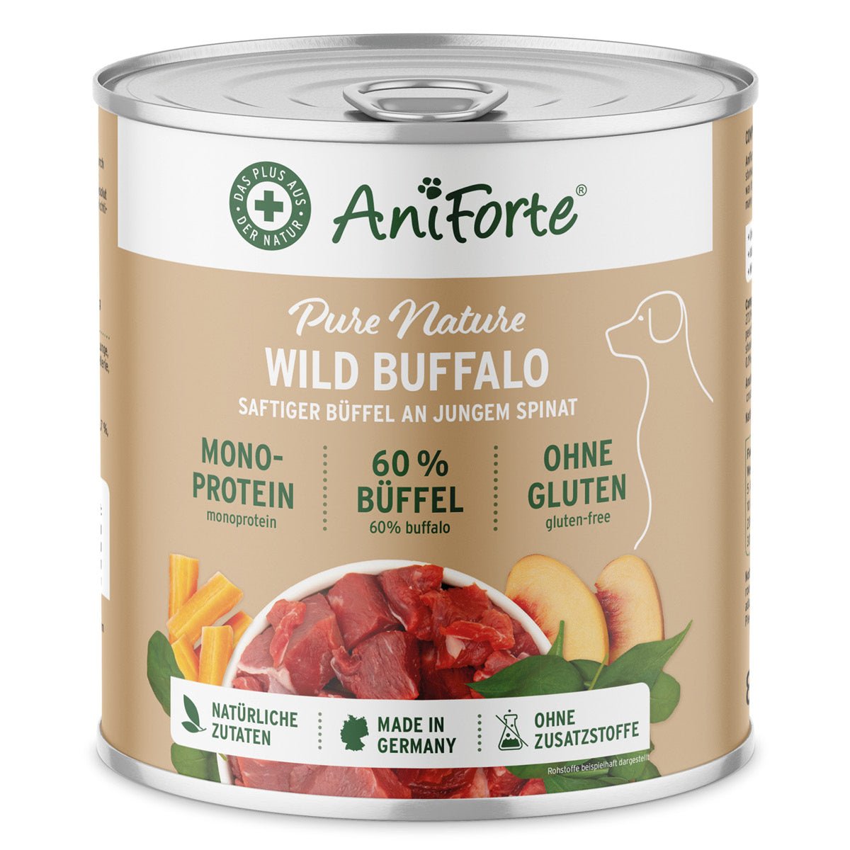 AniForte Nassfutter Wild Buffalo mit 60% Büffelfleisch, Spinat, glutenfrei, natürliche Zutaten, monoprotein, Made in Germany, Hundenassfutter