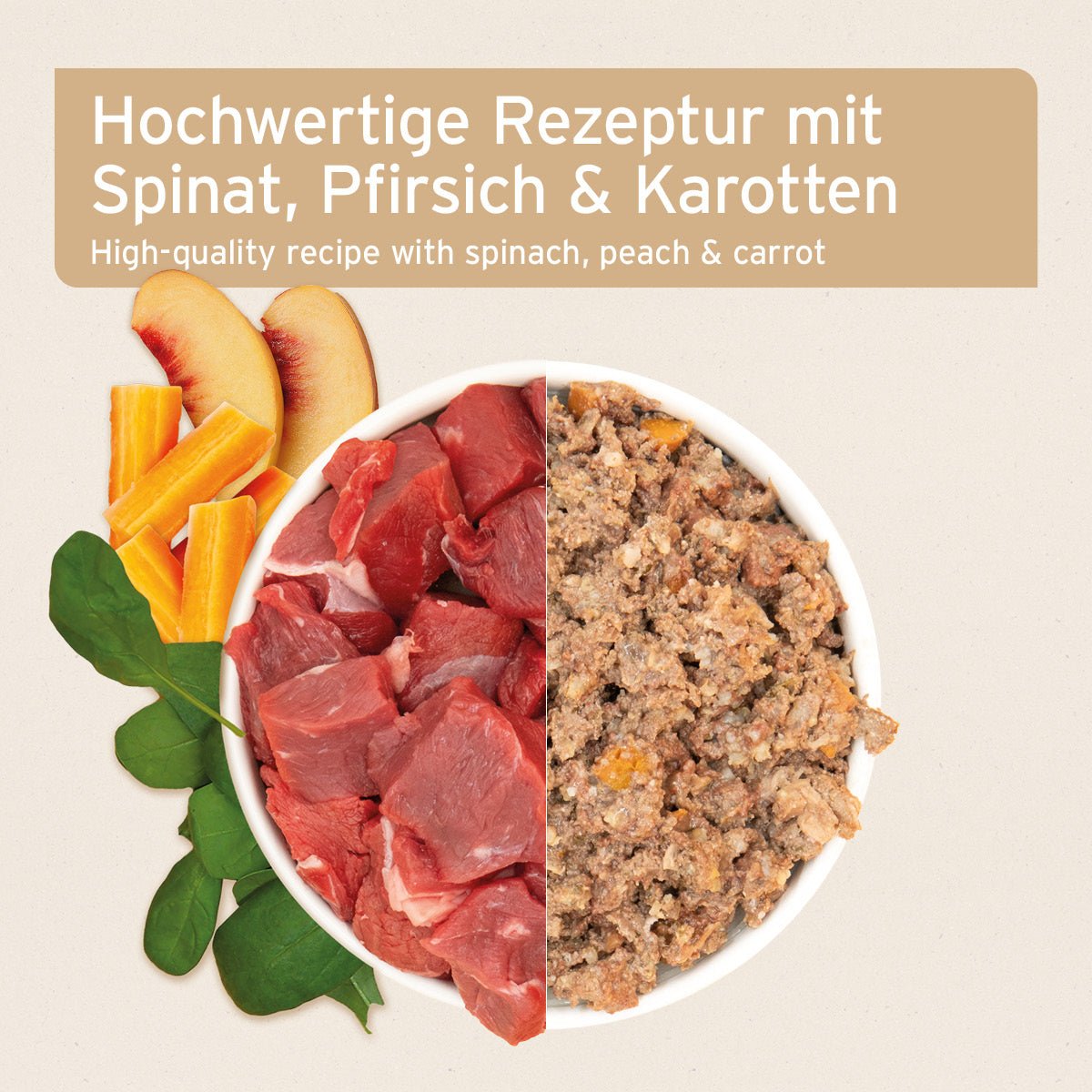 AniForte Nassfutter WildBuffalo für Hunde mit hochwertiger Rezeptur aus Büffelfleisch, Spinat, Pfirsich und Karotten ohne künstliche Zusätze.
