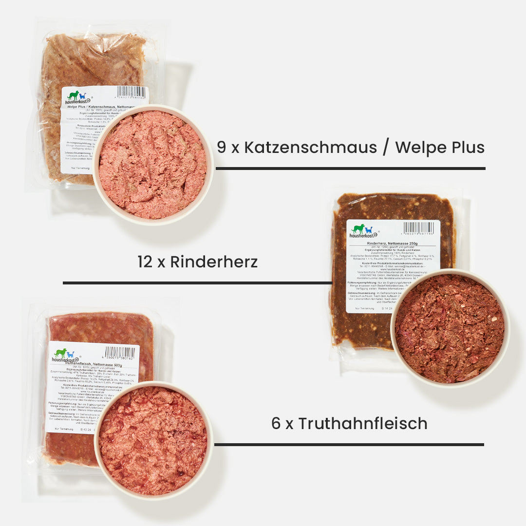 Paket ausgewachsenes Katzenfutter 15 kg mit Katzenschmaus, Rinderherz und Truthahnfleisch in Portionen verpackt