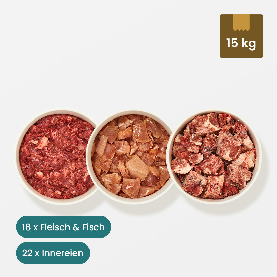 Paket für übergewichtige Katzen, 15 kg, enthält Katzenschmaus, Truthahnfleisch, Thunfisch, Rinderleber, Rindernieren, Rinderherz, Geflügelinnereien, Wildfleisch, Rentierfleisch.