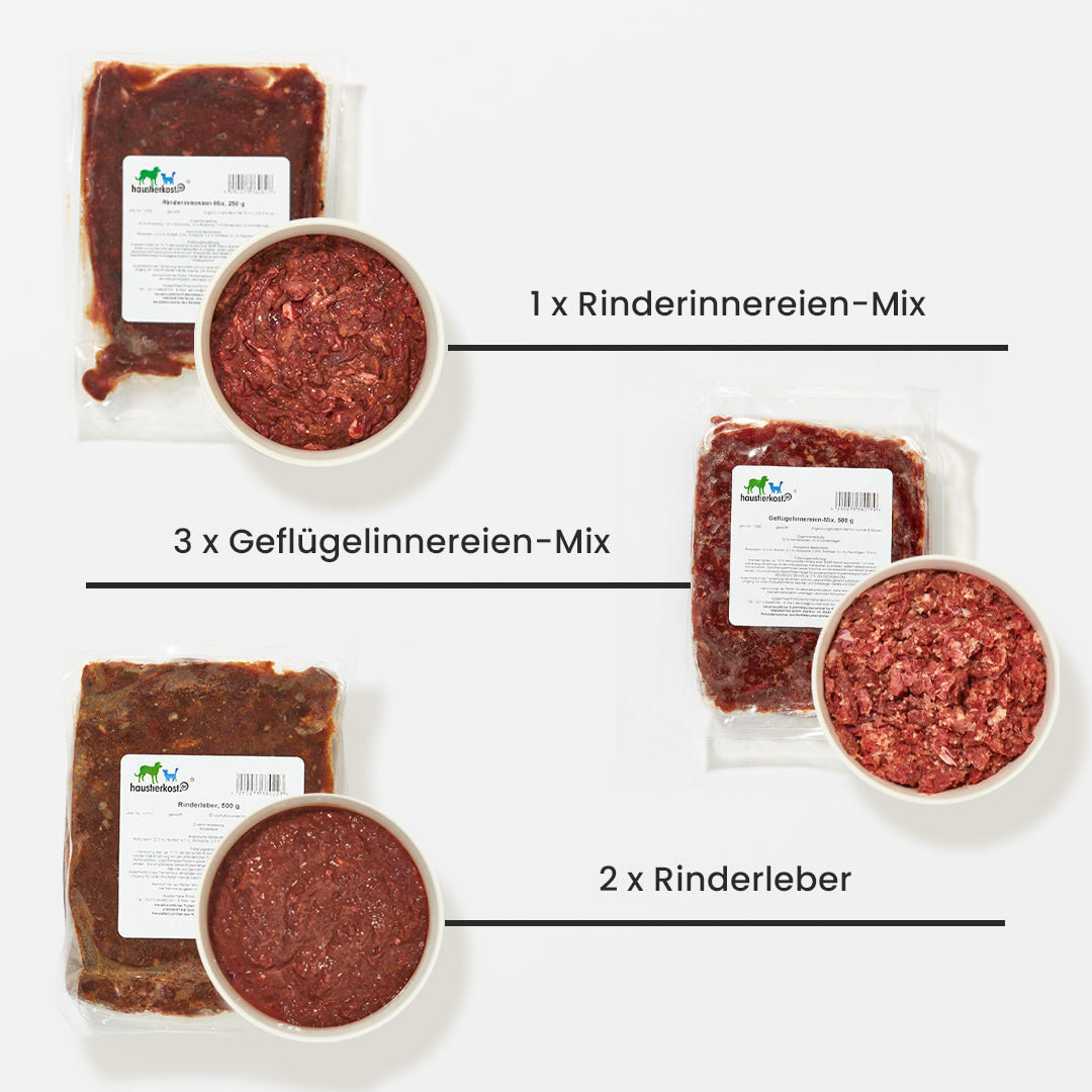 Paket Katze Senior mit 9 kg Rinderinnereien-Mix, Geflügelinnereien-Mix und Rinderleber als Nassfutter für ältere Katzen