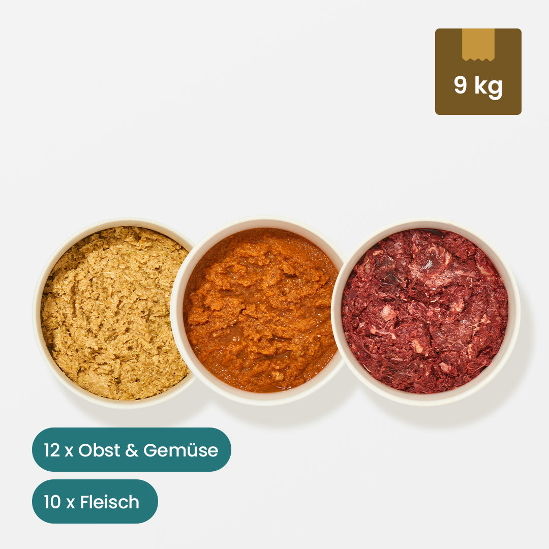 Paket Hund PURINARM mit purinarmer Fleisch- und Gemüsemischung, 9 kg Inhalt für purinarme Ernährung bei Hunden