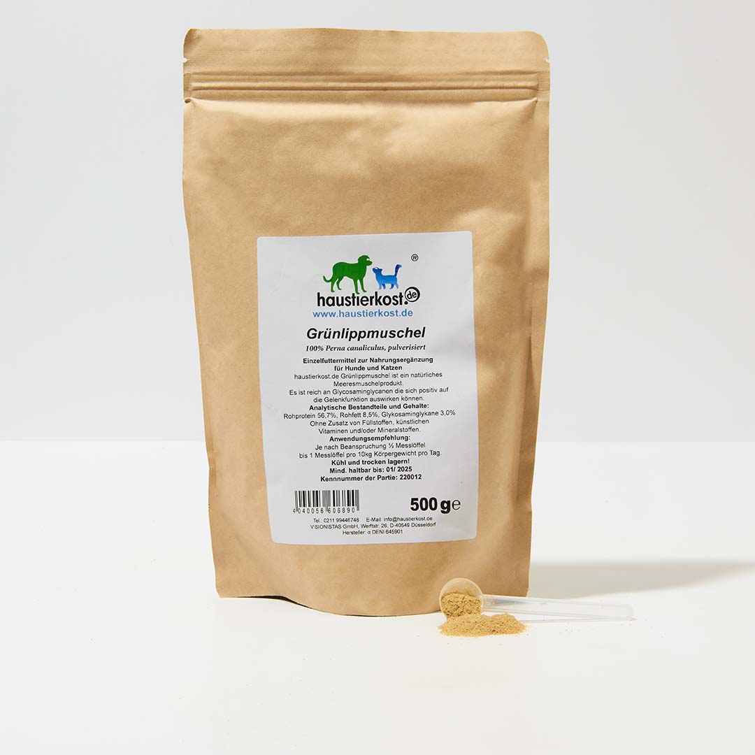 haustidepoterkost.com Grünlippmuschelextrakt Pulver 500g für Hunde und Katzen zur Unterstützung von Gelenken und Bindegewebe