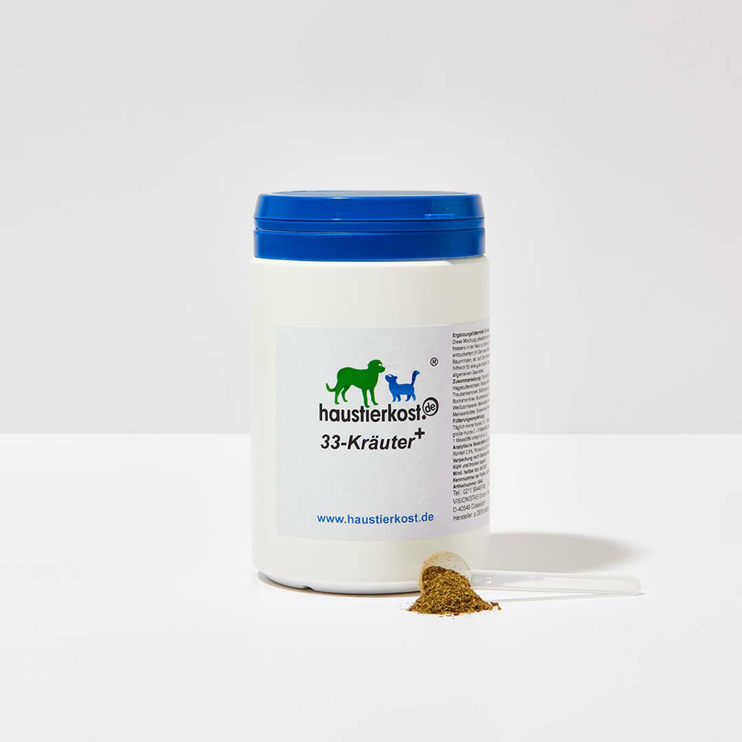 haustidepoterkost.com 33-Kräuter+ Ergänzungsfuttermittel für Hunde, 450g mit natürlicher Kräutermischung für Vitalität und Gesundheit
