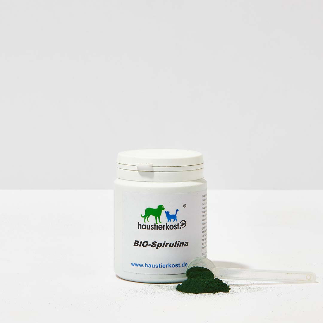 haustidepoterkost.com BIO Spirulina Pulver 100g in Weißer Dose als natürliches Einzelfuttermittel für Hunde und Katzen in Bioqualität DE-ÖKO-001