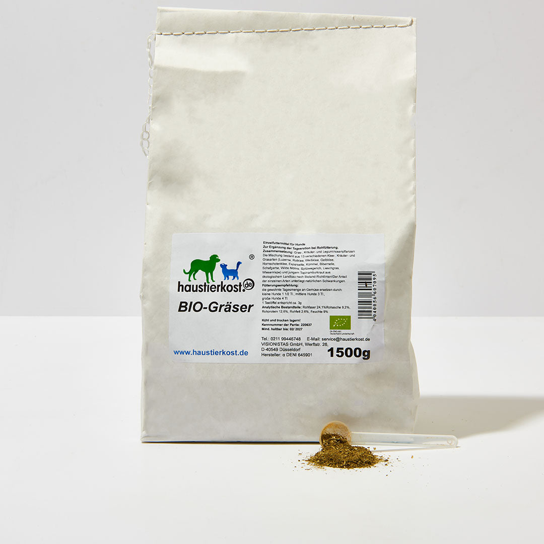 haustidepoterkost.com BIO Gräser DE-ÖKO-001 1,5 kg naturbelassener Bio-Gräser-Mix für Hunde aus kontrolliert biologischem Anbau