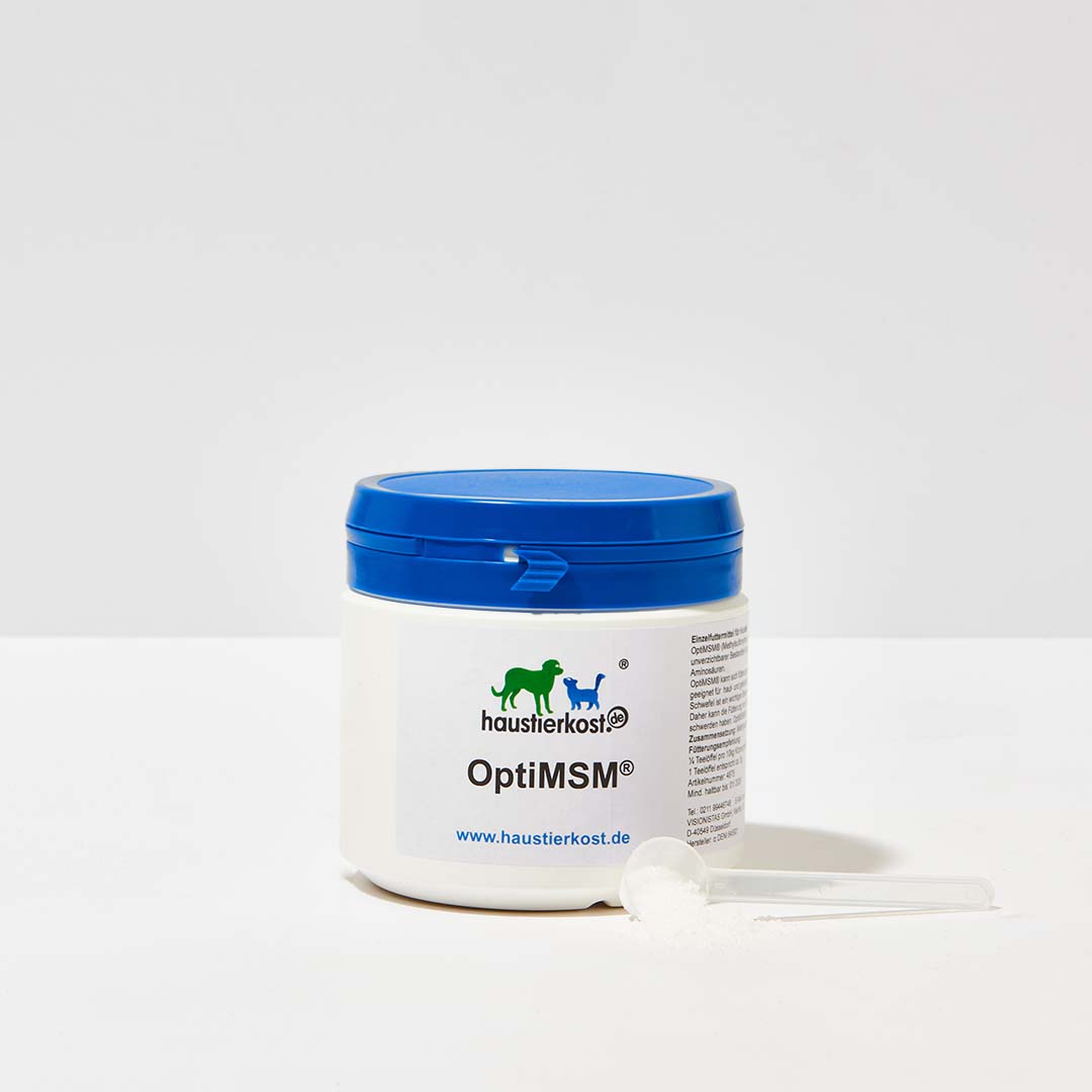 haustidepoterkost.com MSM-Pulver für Hunde mit organischem Schwefel zur Unterstützung von Immunsystem, Haut und Gelenken, 250g Dose mit blauem Deckel und Messlöffel