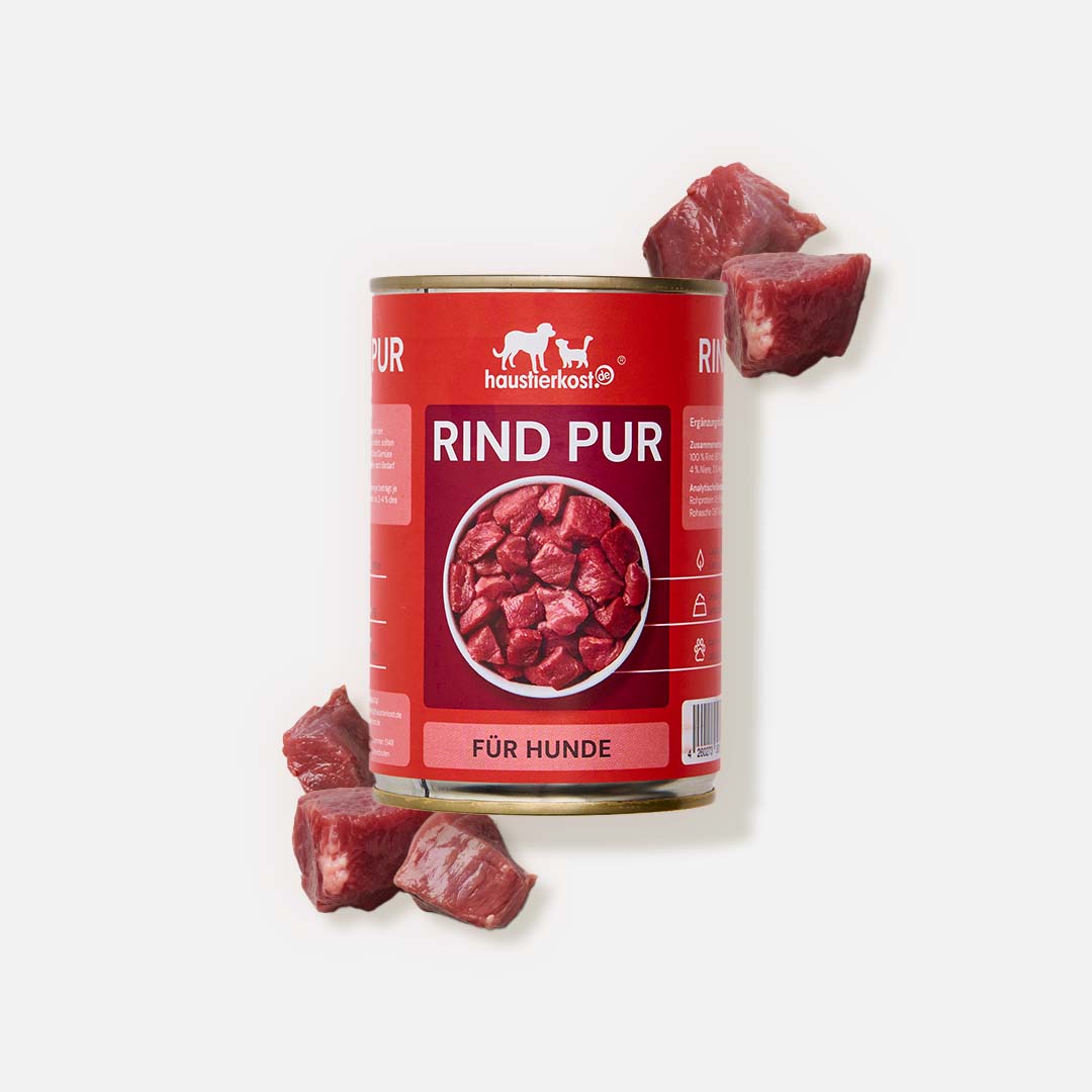Dose mit 100% reinem Rindfleisch für Hund, ohne künstliche Zusätze, nachhaltig und individuell kombinierbar