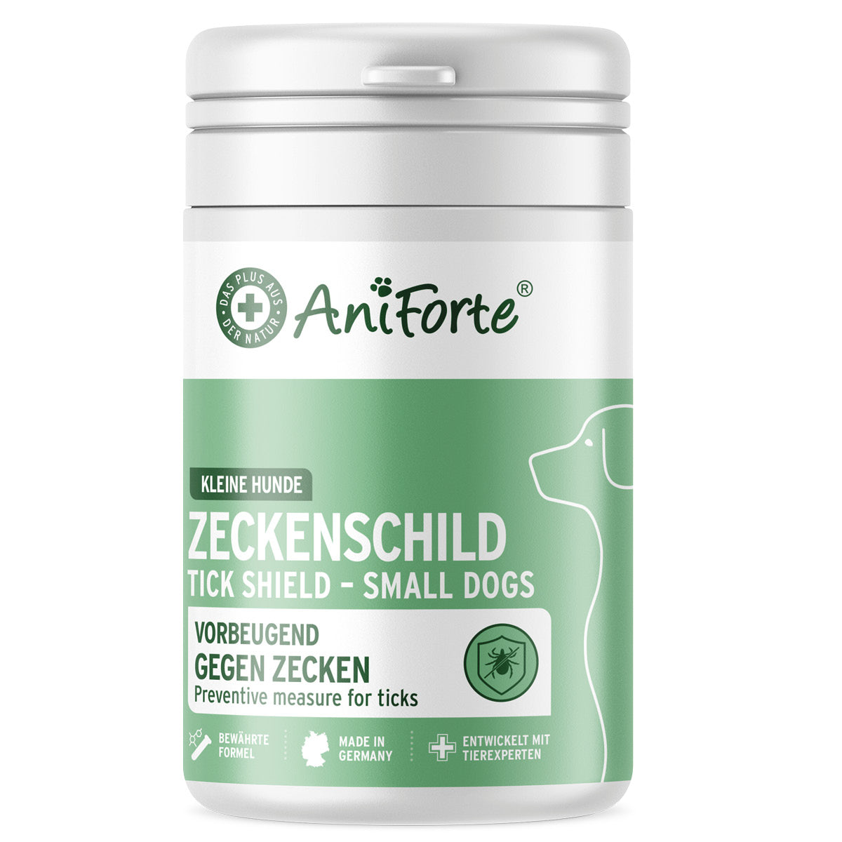 AniForte® ZeckenSchild Kapseln zur Unterstützung des Hautstoffwechsels und Zeckenprophylaxe bei Hunden.